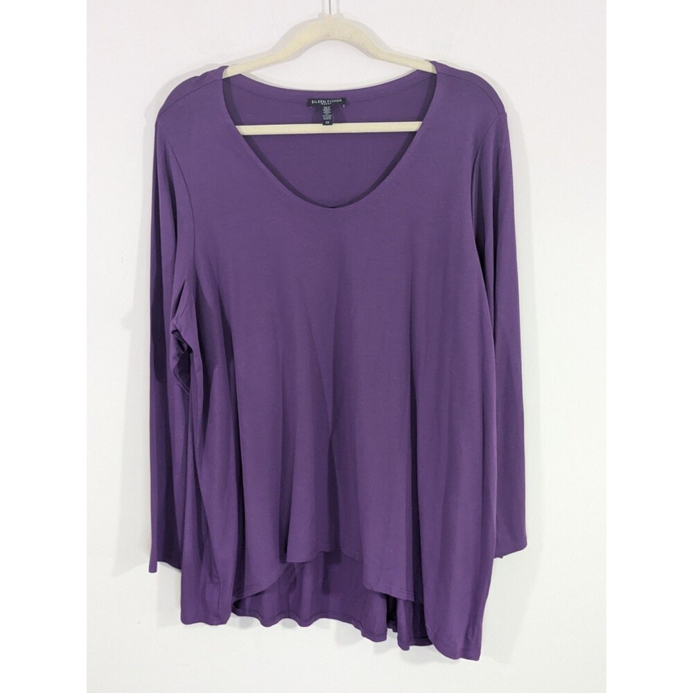 Eileen Fisher Tunic Women Purple Asymmetrical Hem Long Sleeve Viscose Sz 2X - Picture 2 of 7